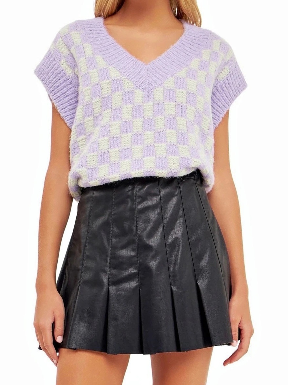 English Factory Lavender Checkered V-Neck Sweater Vest Medium VICI